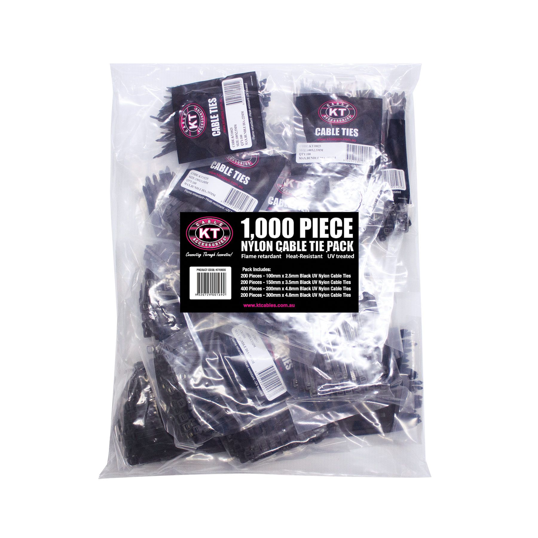 1000 Piece Cable Tie Pack, Black UV Treated Nylon, Mix Sizes – KT Cables