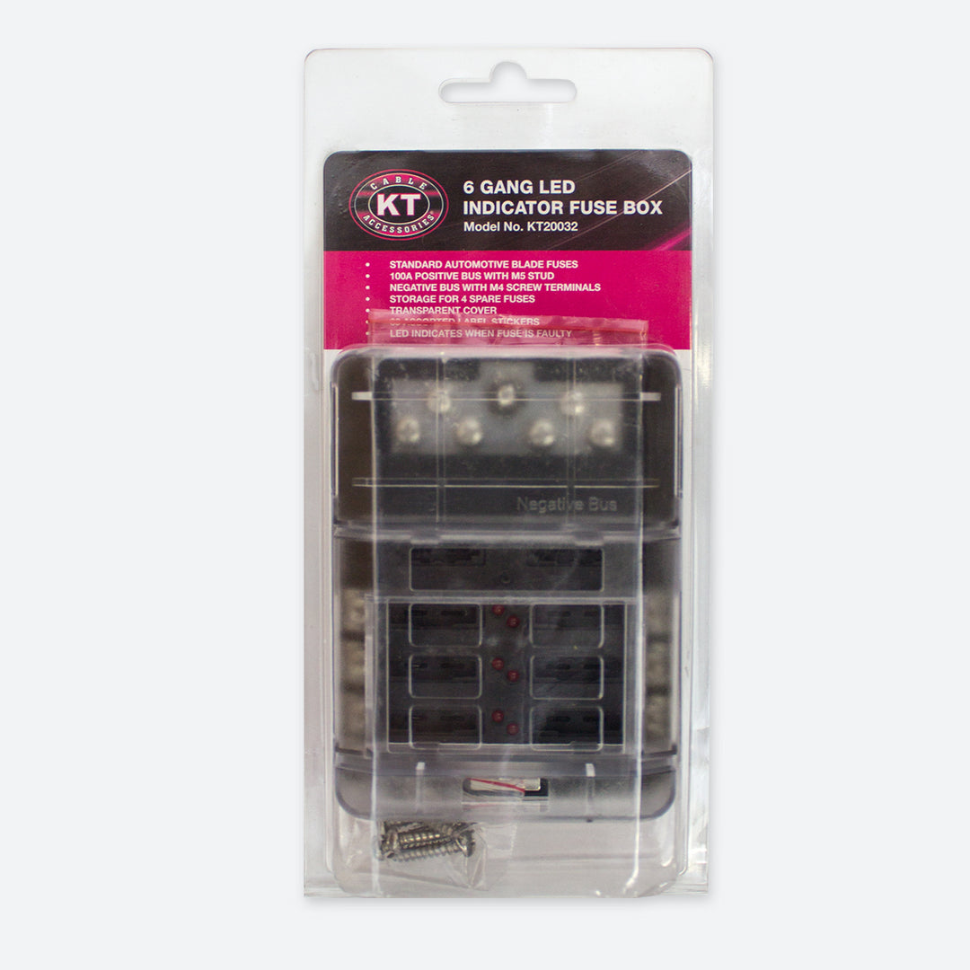 6 Gang Fuse Box with LED Indicator for Faulty Fuses - Negative Bus