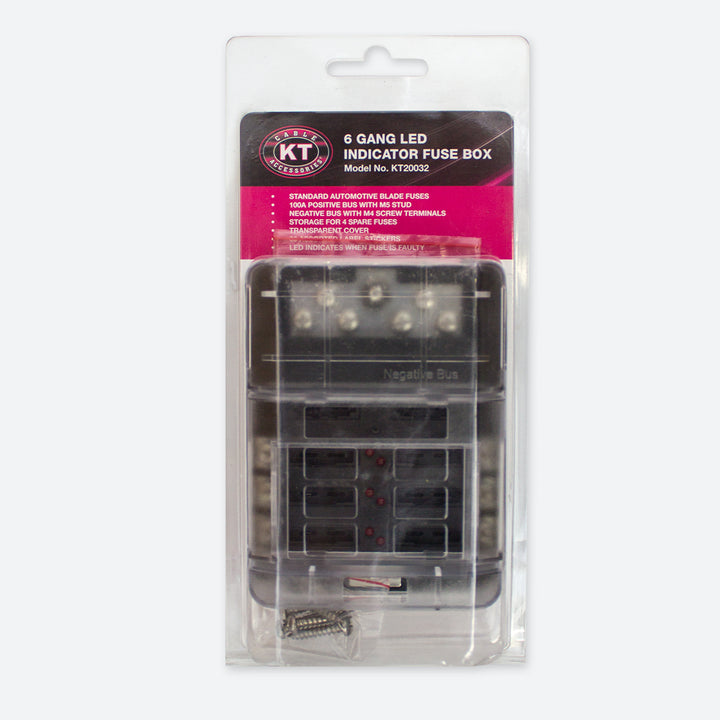6 Gang Fuse Box with LED Indicator for Faulty Fuses - Negative Bus